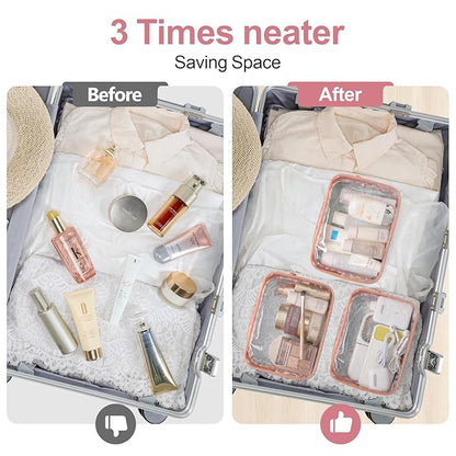 PACKISM Clear Makeup Bag - TSA Approved Toiletry Bag for Travel Size Toiletries, Travel Clear Toiletry Bag Quart Size Bag, Carry on Airport Airline Compliant Bag, Rose Pink(for age 12 or above)