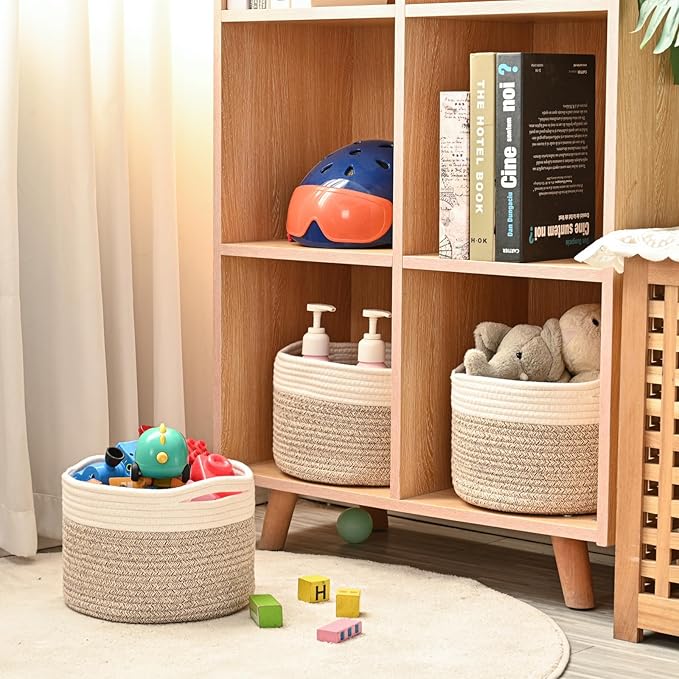 Small Storage Baskets for Organizing, Organizer Baskets for Shelves, Small Woven Basket for Storage, Cute Brr Basket for Gifts Empty, 9.7"×9.7"×7" (3 Packs) Off White & Brown