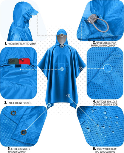 iCreek Hooded Rain Poncho with Pocket Waterproof Lightweight Unisex Raincoat Jacket for Hiking, Camping, Outdoor