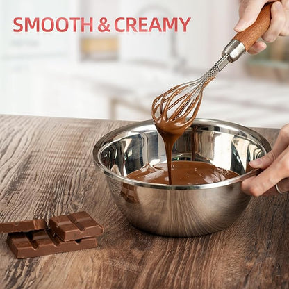 Stainless Steel Wire Whisk for Cooking- Wooden Handle Kitchen Multi Function Non Stick Balloon Whisk Egg Beater for Blending Whisking Beating Frothing Stirring Batters (9"L x 1.8"W)