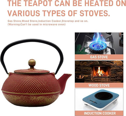 Cast Iron Teapot Tea Kettle with Stainless Steel Infuser for Stovetop Safe Coated with Enameled Interior Japanese Red Tetsubin for Loose Tea(30.4oz/900ml)