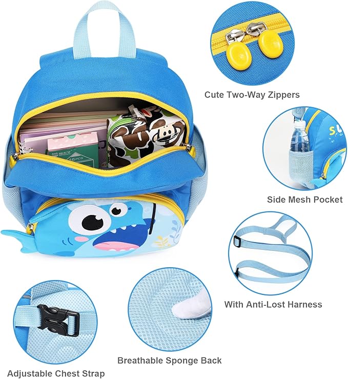 SUN EIGHT Toddler Backpack for Boys 2-4 Small Cute Dinosaur Backpack with Kids Leash,3D Cartoon Preschool Kindergarten Bookbag for Pre-k (Shark)