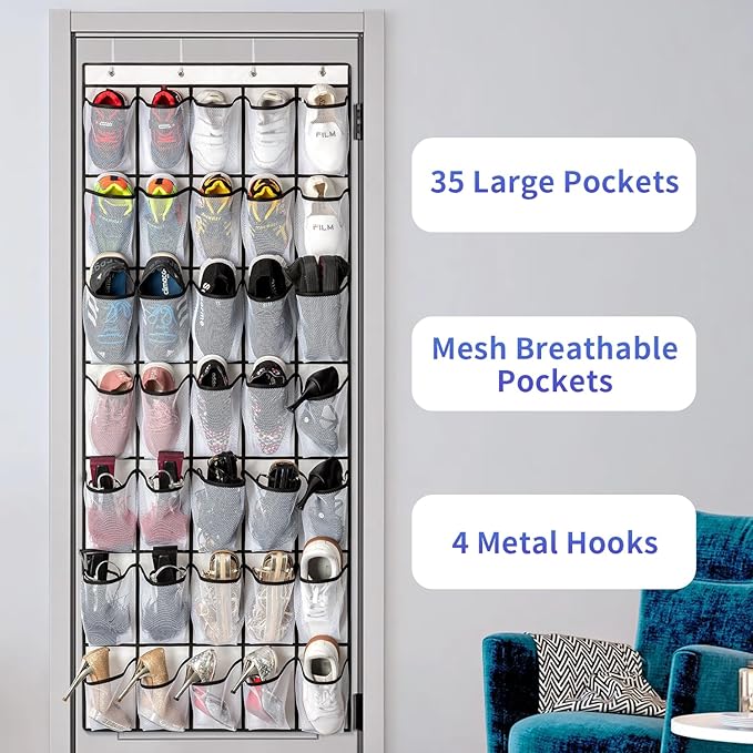 35 Pockets Over the Door Shoe Organizer, Hanging Shoe Organizer for Door with 35 Mesh Pockets Large Capacity Shoe Hanging Storage Bag with 4 Metal Hooks (White-1Pack)