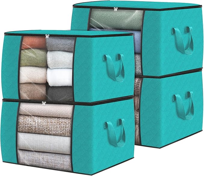 Fab totes 4 Pack Clothes Storage, Foldable Thick Fabric Blanket Storage Bags, Containers for Organizing Bedroom, Closet, Clothing, Comforter,Closet Organization with Handle,Green