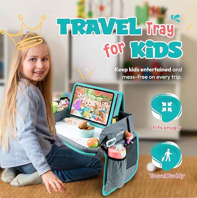 Kids Travel Tray with Dry Erase Board - Car Seat Tray for Kids Travel, Carseat Table Top for Toddler, Lap Desk for Car Seat, Activity Organizer & Snack Holder, Road Trip Essentials for Kid (Aqua)