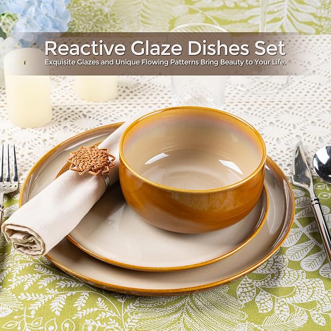LERATIO Ceramic Dinnerware Sets for 4,12 Pieces Poreclain Plates and Bowls Sets,Scratch Resistant Dishes,Dishwasher & Microwave Safe,Oven Safe Dishes Set,Service for 4-Kahki