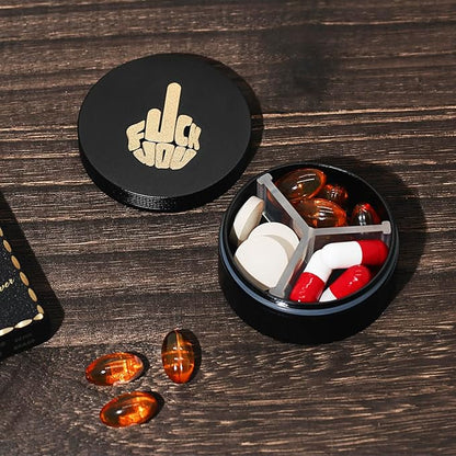 Small Pill Case 3 Compartments, Metal Round Portable Pill Box, Waterproof Travel Pill Organizer, Pocket Purse Medicine Vitamin Holder EDC Container (Black with Finger)