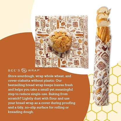 Bee's Wrap Beeswax Wraps for Food - Bread Wrap - Made in USA Reusable Bread Storage Bags - Organic & Eco-Friendly Alternative to Aluminum Foil, Sourdough Bags & Plastic Wrap, Bakery Lane