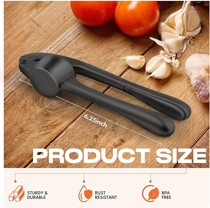 Kitchen Garlic Press, Rust Proof & Dishwasher Safe Garlic Mincer, Durable Garlic Crusher Set with Peeler＆Brush, Easy to Clean and Squeeze, Black