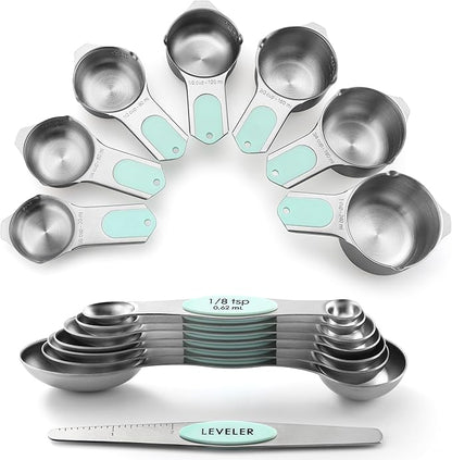 Spring Chef Magnetic Measuring Cups & Spoons Set, Patented, Strong N45 Magnets, Heavy Duty Stainless Steel Fits in Spice Jars for Baking & Cooking, BPA Free, Round Set of 15 with Leveler, Mint
