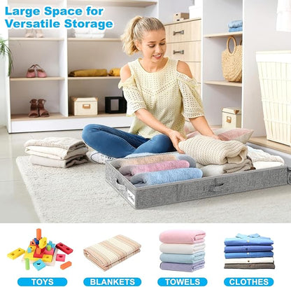 Under Bed Storage Container Bin 4 Pack, 4.5 Inch Slim Low Profile Underbed Clothes Storage Organizer for Dorm & Home, Use for Blanket and Toy Storage Box W/ Sturdy Bottom/Sides, Foldable Thick Fabric