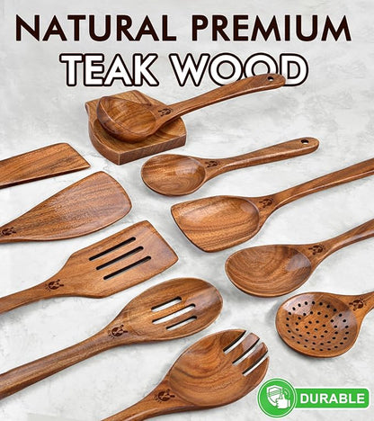 12 Pcs Teak Wooden Utensil Set with Holder & Spoon Rest, Wooden Spoons for Cooking with Comfort Grip, Wooden Cooking Utensils Set for Nonstick Cookware, Lightweight & Heat Resistant Kitchen Utensils