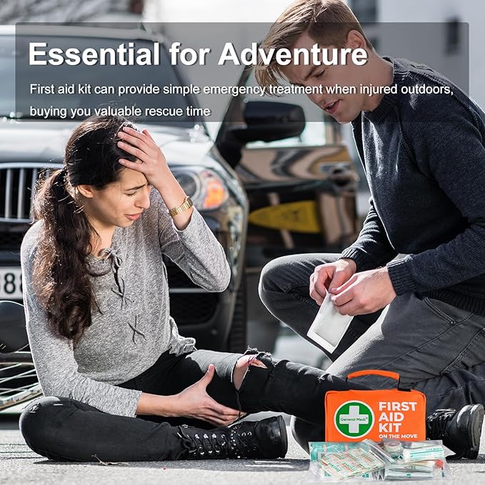 General Medi First Aid Kit - 150 Pieces Small Compact First Aid Kit Bag - Includes Instant Cold Pack, Emergency Blanket for Travel, Home, Office, Vehicle, Camping（Orange）