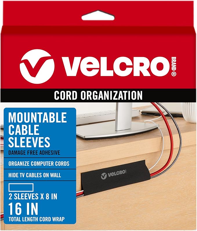 VELCRO Brand Mountable Cable Sleeve | Cord Management Mounts on Walls, Desk or Entertainment Center | Removable Adhesive is Damage Free | 8in Black, 2pk, 8in - 2Pk