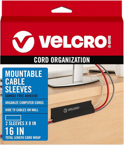 VELCRO Brand Mountable Cable Sleeve | Cord Management Mounts on Walls, Desk or Entertainment Center | Removable Adhesive is Damage Free | 8in Black, 2pk, 8in - 2Pk