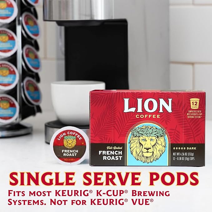 Lion Coffee French Roast Coffee Pods - Single-Serve Pods - Bold Dark Roast - Arabica Coffee - Compatible with Single-Serve Brewing Systems - 12 Count Box