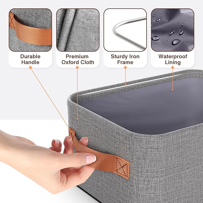 Large Storage Baskets for Shelves 3 Packs, Fabric Storage Bins for Shelves with Handles, 11.8'' L ×7.8'' W × 5.1'' H Collapsible Baskets for Organizing Clothes, Toy, Grey