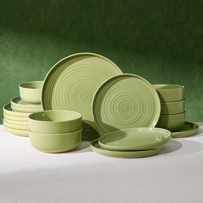 Dinnerware Sets for 6, Ceramic Plates & Bowls, Olive Green | 18-Piece Ceramic
