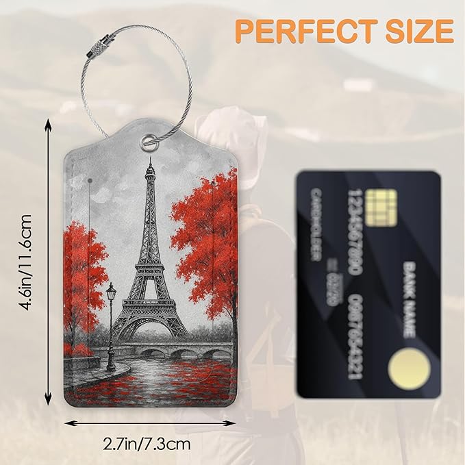 Eiffel Tower Paris 3 PCS PU Leather Luggage Tags for Suitcase, Luggage Tag with Privacy Flap, Name ID Label and Metal Loop for Women Men Baggage Handbag School Bag Backpack