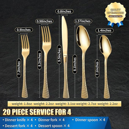 Lemeya Hammered Gold Silverware Set,20 Piece Modern Flatware Set Service for 4,Mirror Polished Stainless Steel Cutlery Set Utensil Set Tableware Set,Kitchen Knives Forks Spoons Set,Dishwasher Safe