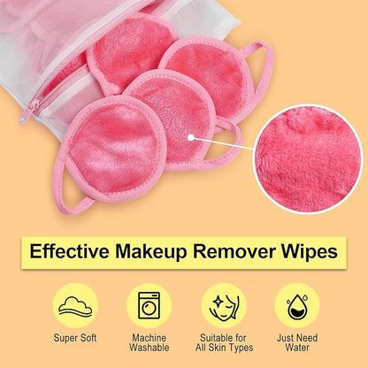 Nugilla 18 Packs Reusable Makeup Remover Pads with a Washable Laundry Bag, Resuable Microfiber Round Towel Skin Face Towels, Soft Makeup Remover Cloth, Fast Drying Washcloth (Pink)