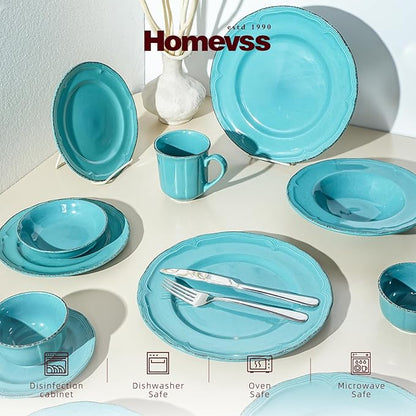 20pc Dinnerware Set, Plate and Bowl Set, Stoneware Dishes Set for 4, Microwave and Dishwahser Safe, Scratch Resistant, French Countryside Speckled Turquoise