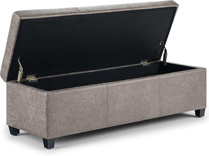 SIMPLIHOME Avalon 48 inch Wide Contemporary Rectangle Storage Ottoman Bench in Distressed Grey Taupe Vegan Faux Leather, Assembled, for the Living Room, Entryway and Family Room