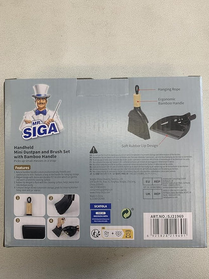MR.SIGA Mini Dustpan and Brush Set, Portable Cleaning Brush and Dustpan Combo with Bamboo Handle, Black, 1 Set