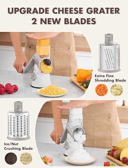 GDL Rotary Cheese Grater, Upgraded 5-in-1 Cheese Grater Hand Crank, Multi-purpose Cheese Shredder with Handle, Vegetable Slicer Cutter Ice Shaver for Potato, Carrot, Nuts, Chocolate