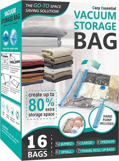 16 Pack Vacuum Storage Bags, Space Saver Bags (2Jumbo/2Large/3Medium/3Small/6Roll) Compression Storage Bags for Comforters and Blankets, Vacuum Sealer Bags for Clothes Storage, Hand Pump Included