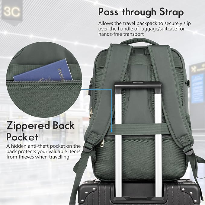 MOMUVO Large Travel Backpack Women, Flight Approved Carry On Backpack, Water Resistant Anti-Theft Large Casual Daypack Fit 17 Inch Laptop with USB Charging Port, Olive Green