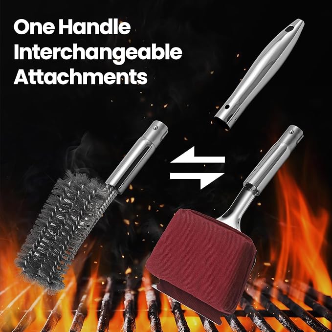 2-in-1 Stainless Steel Grill Brush Cleaning Kit, Grilling Accessories, Interchangeable BBQ Brush & Griddle Scraper with Fire-Resistant Cleaning Sponge, Dishwasher Safe Grill Cleaner, BBQ Accessories