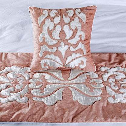 The HomeCentric Decorative Peach & Ivory King 90 x 18 inch Bed Runner with 2 Pillow Cover, Velvet Applique Bed Scarf, Abstract Modern - Peach Elegance