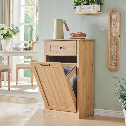 Tilt Out Laundry Hamper Cabinet, 10 Gallon Farmhouse Trash Can Cabinet with Drawer, Hidden Wood Garbage Can Bin Cabinets with Laundry Storage Basket for Bathroom, Kitchen, Natural