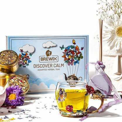 BREWIX, Discover Calm Premium Herbal Tea Christmas Gift Box (3.53oz/50+ Cups) | Tea Gift Sets For Tea Lover | 6 Unique Herbal Teas | Best for Birthdays, Anniversaries & Holidays