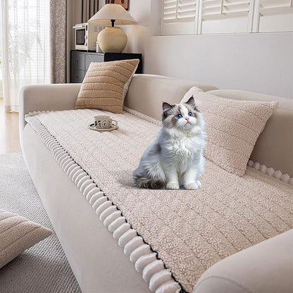 OTOB Sofa Covers for 3 Cushion Couch Washable, All Seasons Fuzzy Non Slip Kids & Pet Friendly Dog Bed Mats Couch Cover, Soft Plush Sofa Slipcovers Furniture Protector (Beige, 27.6" x 70.9'')