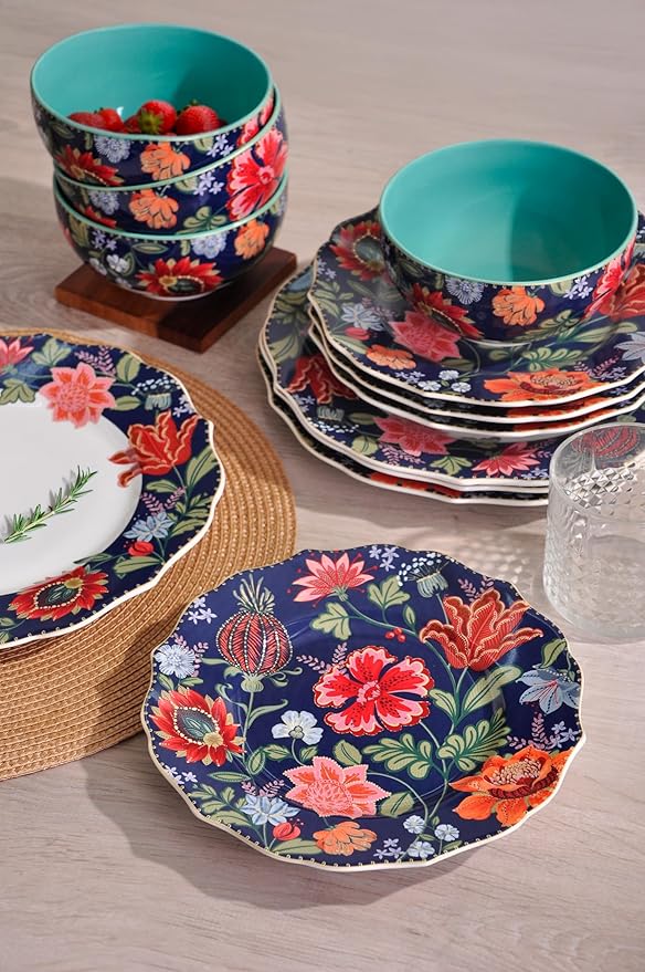 222 Fifth 12-Piece Porcelain Dinnerware Set for 4, White & Parisian Blue Plates and Bowls Set with Gold Rim, Glossy Ceramic Dish Set with Detailed Floral Design, Microwave & Dishwasher Safe, Chintz