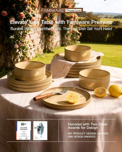 Dinnerware Set for 6, Ceramic Ribbed Plates, Dishes | 18-Piece Stoneware Dinner