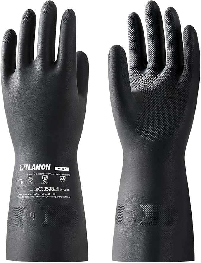 LANON Rubber Chemical Resistant Gloves, Reusable Heavy-duty Safety Work Gloves, Acid & Alkali Protection, Non-Slip, XX Large