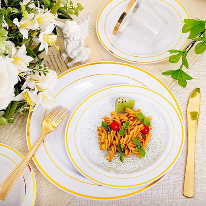 bUCLA 600Pcs White and Gold Plastic Plates - Gold Disposable Dinnerware Set for 100 Guests Include 100 Dinner & 100 Dessert Plates, 100 Cups, 100 Forks, 100 Spoons, 100 Knives for Party
