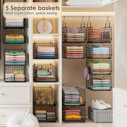 Deeper 4'' Design 5 Tier Foldable Hanging Closet Organizer and Storage，Wire Cabinet Shelves and Rack with 5 S Hooks,Stackable Metal Basket Bins for Clothes Shoe Purse,Holder for Wardrobe Dorm,Black