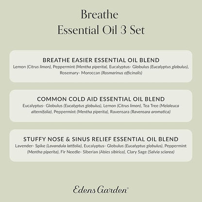 Edens Garden Essential Oils Breathe 3 Set – 100% Pure Therapeutic Grade, Natural Aromatherapy Oil for Stuffy Nose, Sinus & Cold Relief Kit – Undiluted for Diffusers & Humidifiers, 10 ml/ 3 Pack