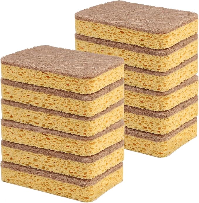 12 Pack Non-Scratch Scrub Sponge, Natural Kitchen Sponges for Cleaning Kitchen, Scratch Free Biodegradable Sponges for Dishes, No-Stick Cookware