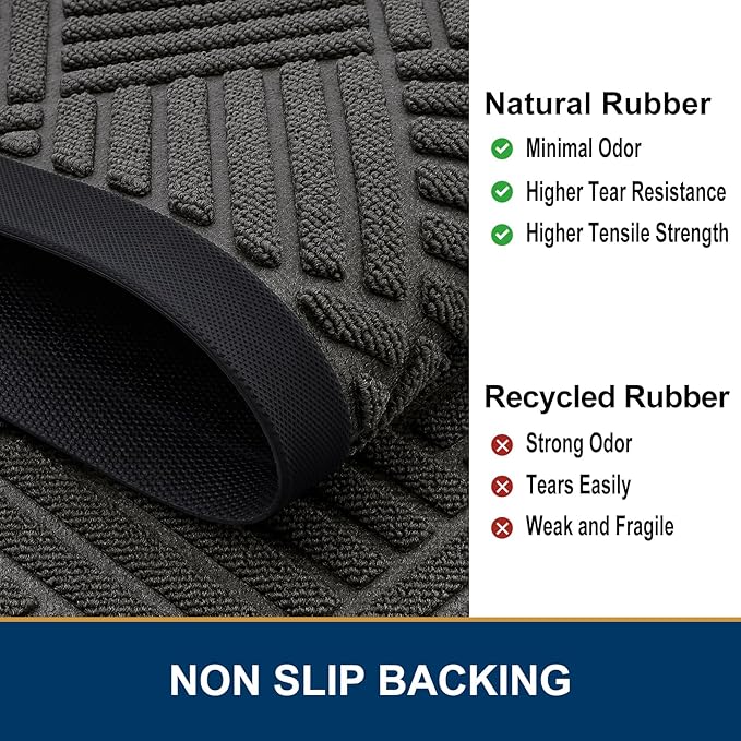 Smiry Front Door Mat Outside Entrance, Heavy Duty Outdoor Indoor Natural Rubber Doormat, Non Slip, Trap Dirt and Moisture, Easy Clean, Low Profile Patio Porch Entryway Mat, 29.5x17, Grey