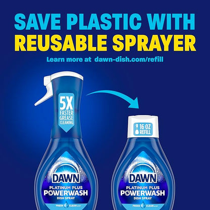 Dawn Powerwash Spray, Dish Soap, Dishwashing Liquid, Cleaning Supplies, Fresh, 1 Starter Kit + 1 Refill, 32 Fl Oz