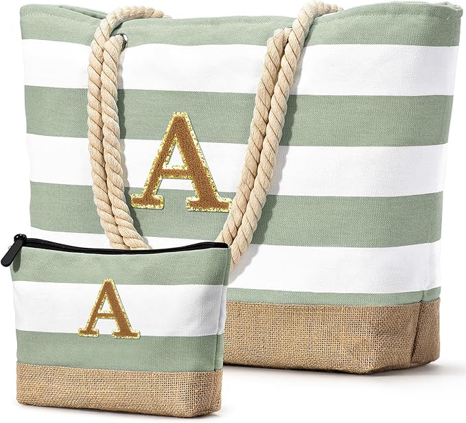 Becokan Beach Bag Initial Beach Tote with Makeup Bag for Travel Work Storage Personalized Birthday Gifts for Women Her