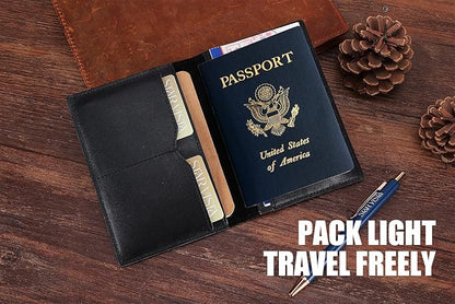 STAR VISTA Albatross Leather Travel Passport Holder, Minimalist Design, Calfskin Leather Case for Women and Men - Slim Passport Wallet, Bifold, RFID Blocking, with AirTag Holder, Black