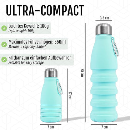 Foldable Drinking Bottle - BPA-free, leak-proof - Ideal festival accessory and practical outdoor companion with carabiner (Turquoise)