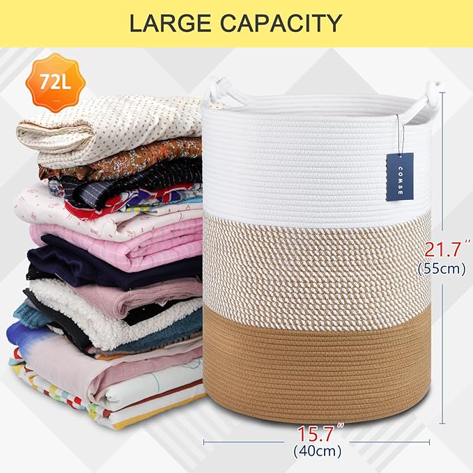 COMSE Extra Large Blanket Basket, Tall Woven Storage Basket, Nursery Hamper, 15.7”x 21.7”, Cotton Rope Laundry Hamper for Toys Clothes Towels, White/Camel