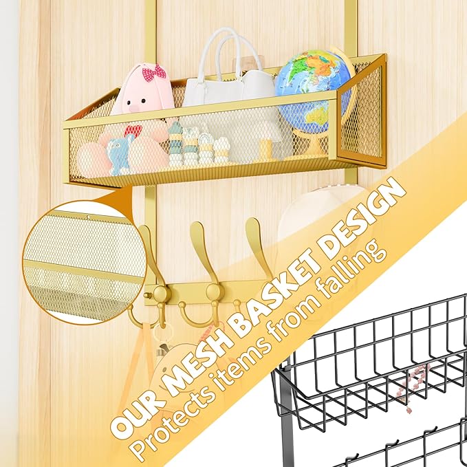Over The Door Hooks Organizer, Coat Rack Over The Door Storage Hanger Towel Rack, Back of Storage Organizer for Bathroom,Bedroom,Kitchen,Office(Gold 2-Tier)
